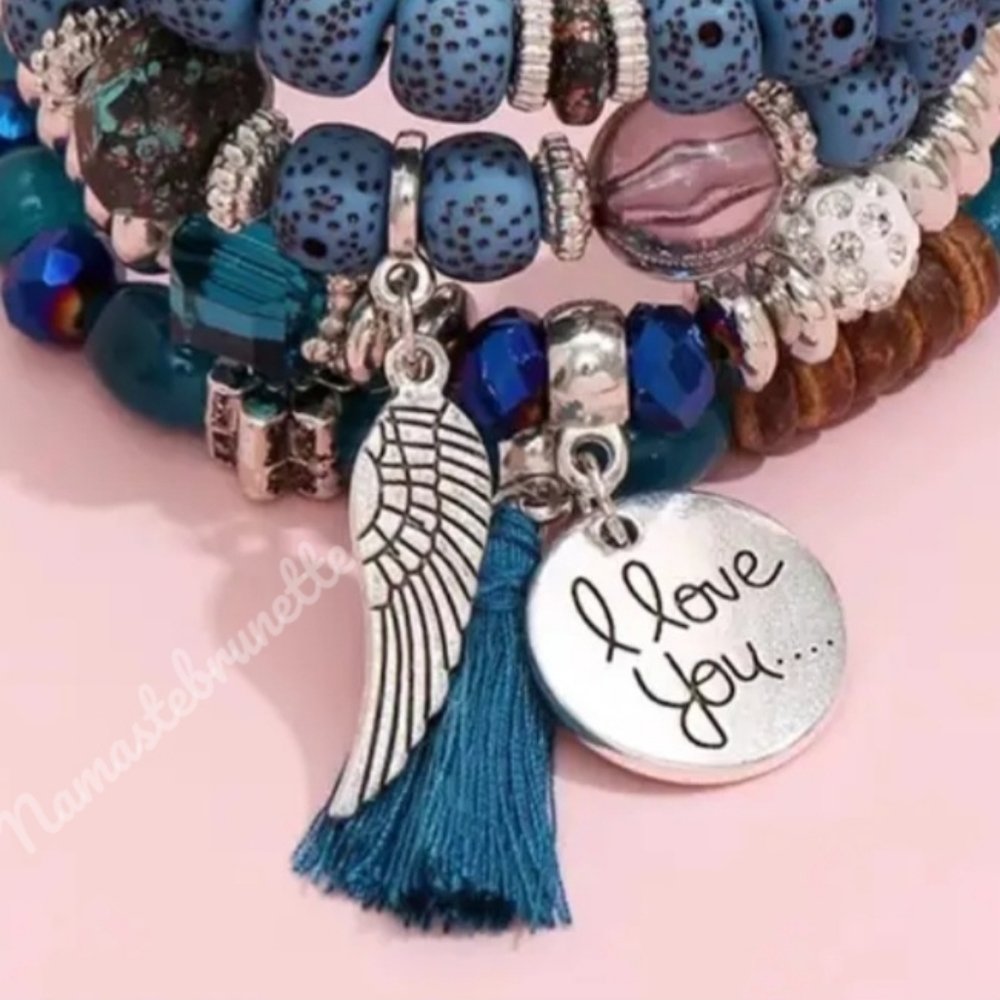4pc Stackable Beaded Bracelet With Tassel, Wing & I Love You Charms